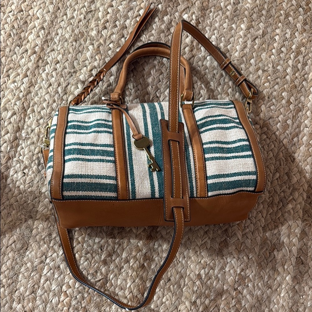 Fossil Brown and Green Satchel with Leather Accents